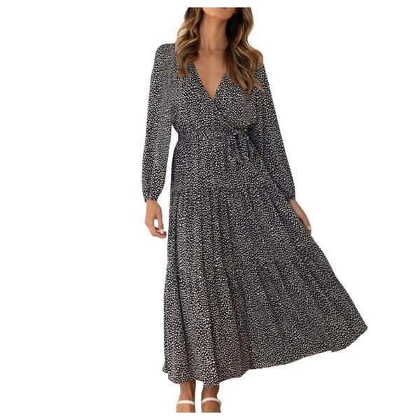 

casual dresses elegant long dress womens wrap sleeve vintage tiered slit fall belted flowy midi ladies party vestidos, Black;gray