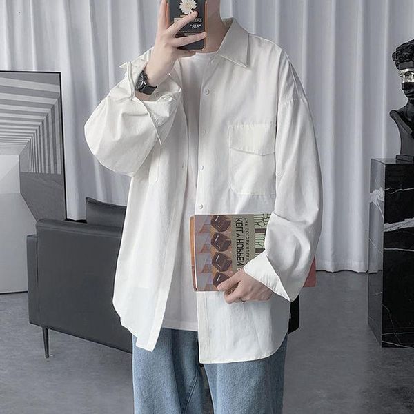 

men's casual shirts blouses turn-down collar autumn fashion oversize classic korean streetwear long sleeve shirt men, White;black