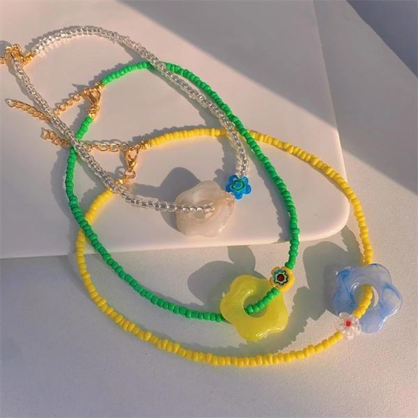 

chains ghidbk colorful transparent acrylic resin rice bead multicolor flower choker necklace for women party bohemia gifts, Silver