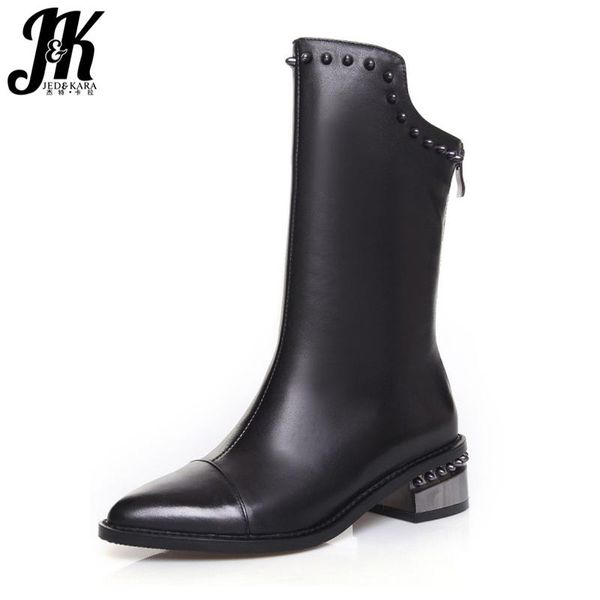 

boots jk winter chunky heels women pointed toe short plush footwear 2021 genuine leather zip fashion casual female shoes, Black