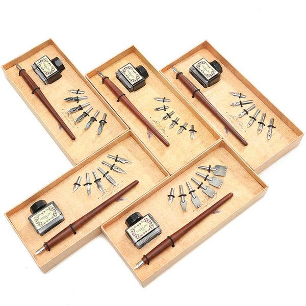 

straight wooden dip pen classmate teacher gift feather box ink 6 nib set