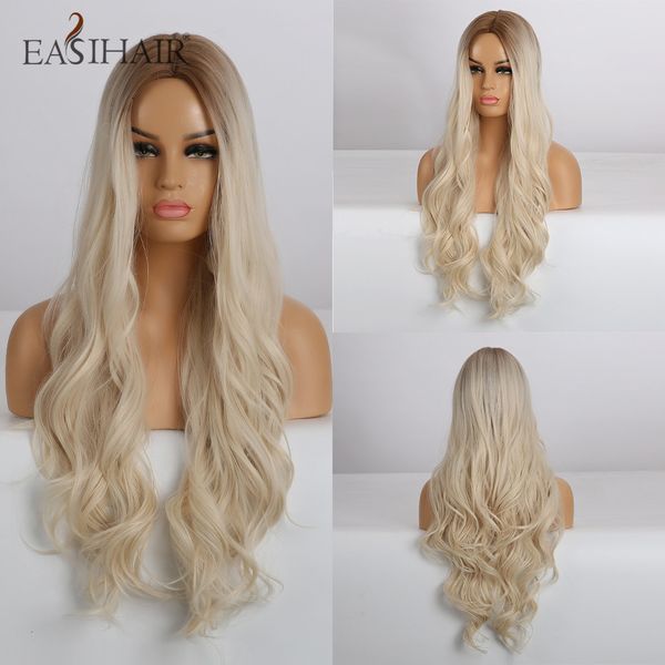 

long wavy light blonde ombre synthetic wigs for women cosplay middle part wave wigs natural hair heat resistantfactory direct, Black