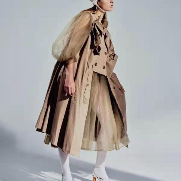 

women's trench coats deat windbreaker 2021 autumn and winter double breasted solid color temperament stitched mesh loose coat 7i5264, Tan;black
