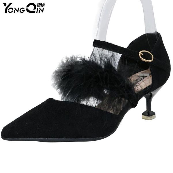 

suede women pumps pointed toe plush high heels party shoes women's singles dress, Black