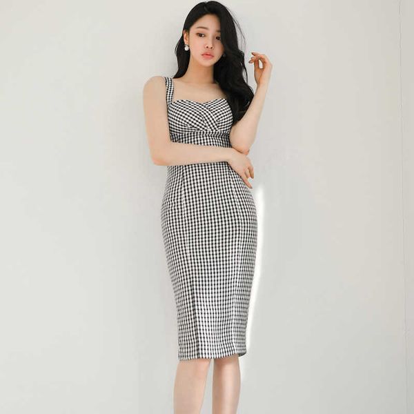 

summer fashion women plaid suspender dress backless houndstooth tight bodycon 210529, Black;gray