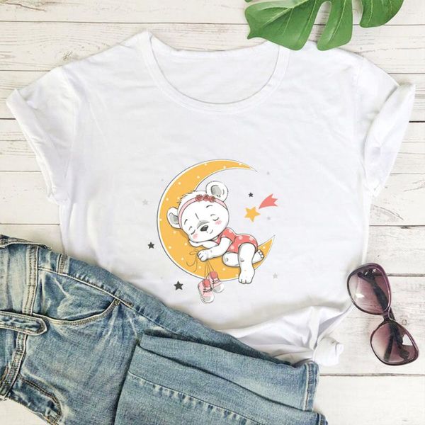 

women's t-shirt bear pattern printed women funny moon graphic tshirts simple versatile short sleeve t shirt loose top, White