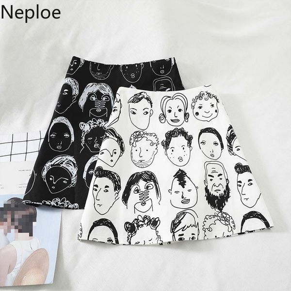 

neploe figure graffiti print skirts women kong-style zipper fly ladies bottoms fashion casual high waist mini skirts femme 210423, Black