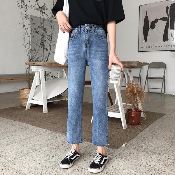 

women's jeans college style high waist straight woman korean loose solid split simple slim plus size 2021, Blue