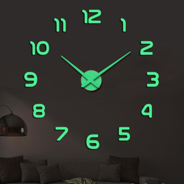 

large luminous wall clock modern design clocks watch horloge 3d diy acrylic mirror stickers quartz duvar saat klok mute