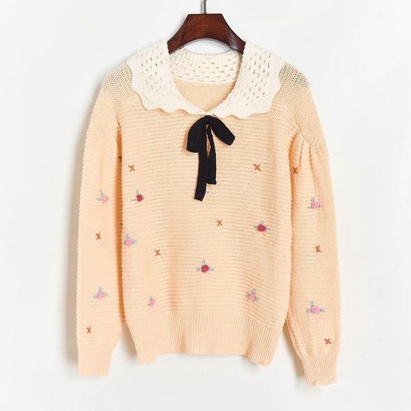 

women's sweaters 2021 fall sweet pullover sweater korea clothes knitted doll collar bow crochet hollow out autumn, White;black