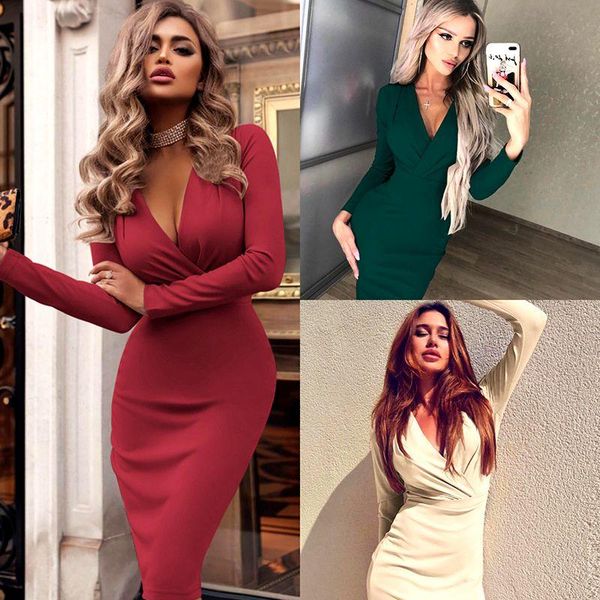 

casual dresses autumn summer deep v fold package buttocks women bodycon solid red elegant office lady vintage long sleeve lon, Black;gray