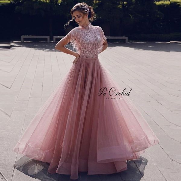 

party dresses peorchid women dusty pink evening sequin beading glitter luxury high neck cap sleeves saidi arabia prom gowns 2021, White;black