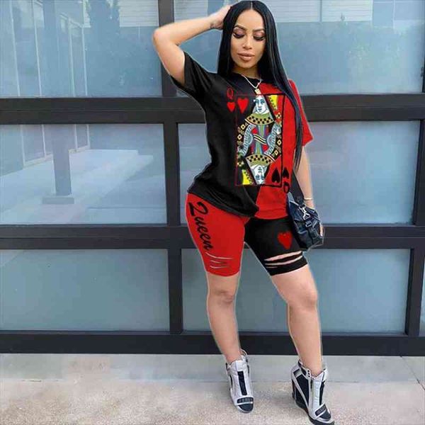 

patchwork letter plus size 2 womens tracksuits piece jogger set short sleeve t shirt hole biker shorts lounge wear, Gray