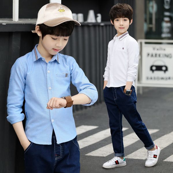 Spring New Boys 'Slave Longa Camisa da Universidade Chinesa Lazer Coreano de Lazer Estilo Exterior Camiseta de Manga Longa Infantil de Manga