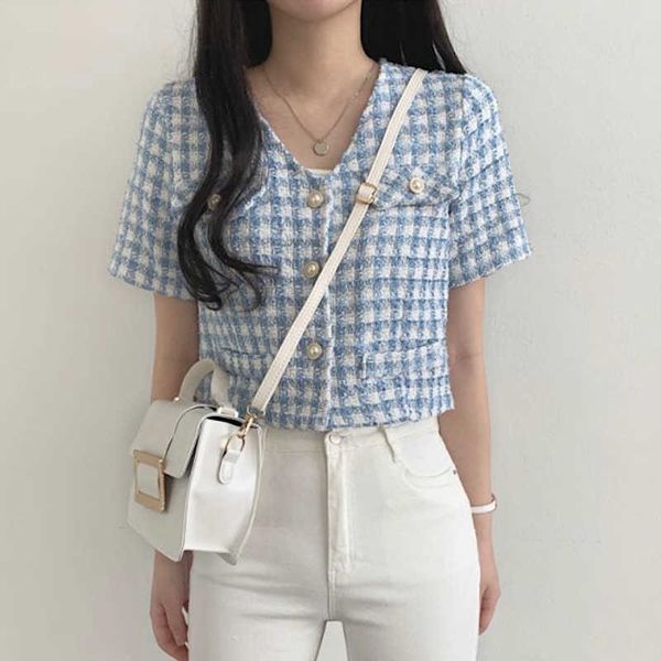 

tweed summer short sleeve women coat elegant causal cardigan jacket korean single-breasted outwear tee 210527, White