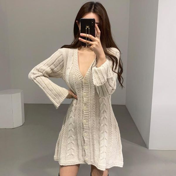 

casual dresses sannian fall women dress deep v-neck slimming single-breasted high waist solid color long-sleeved knitted clothes, Black;gray