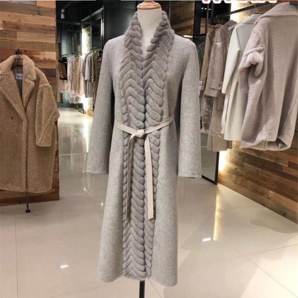 

women's wool & blends 2021 real fur coat winter jacket women natural mink collar cashmere long outerwear ladies belt streetwear 2m, Black