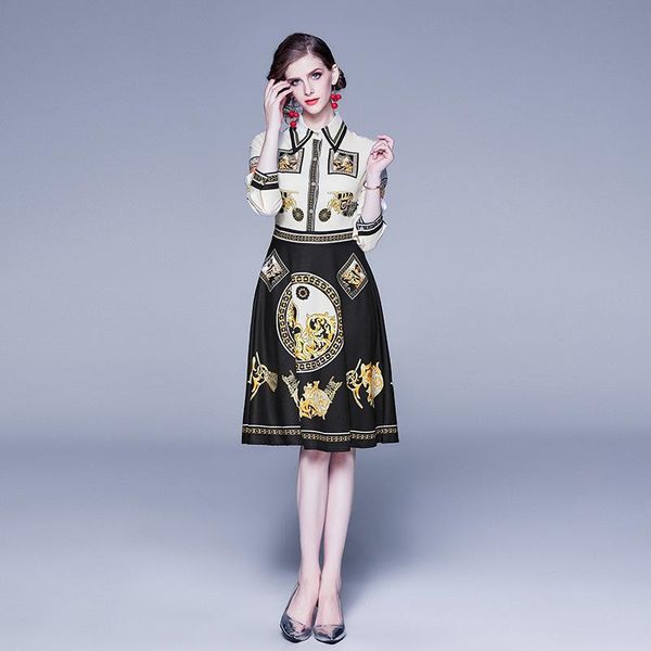 

casual dresses 2021 autumn commuter fashion street temperament print retro high waist lapel slim shirt dress, Black;gray
