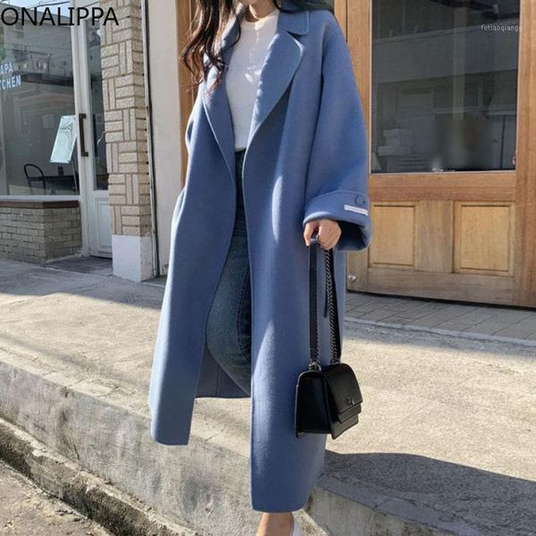 

women's jackets onalippa pure color long woolen coat female 2021 winter french retro temperament lapel smog lace-up waist long-sleeved, Black;brown