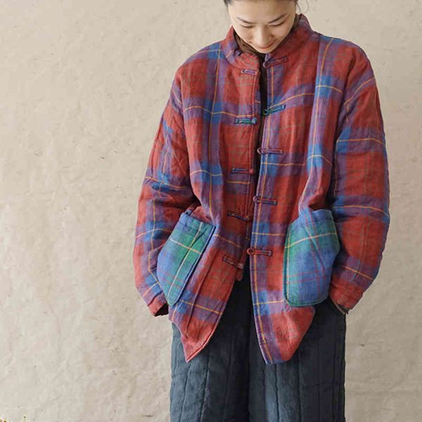 

johnature women plaid vintage parkas linen button coats winter pockets chinese style warm thick female parkas coats 210521, Black