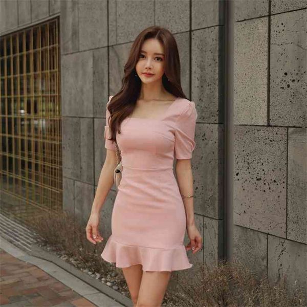 Rosa weibliches Sexkleid Korea Damen Kurzarm Quadrathals Büro Party Kleider für Frauen Kleidung 210602