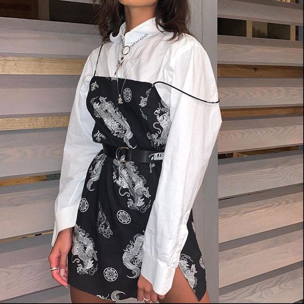 

womens dresses dragon printed sleeveless split open mini dress summer spring streetwear club harajuku backless strap, Black;gray