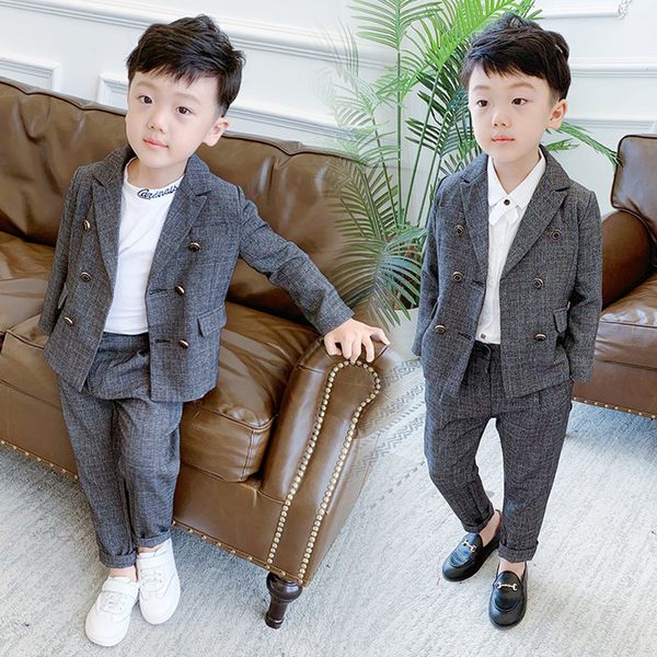 

autumn winter children formal suit sets boys plaid double breasted blazer pants 2pcs clothing sets kids wedding party costume, Black