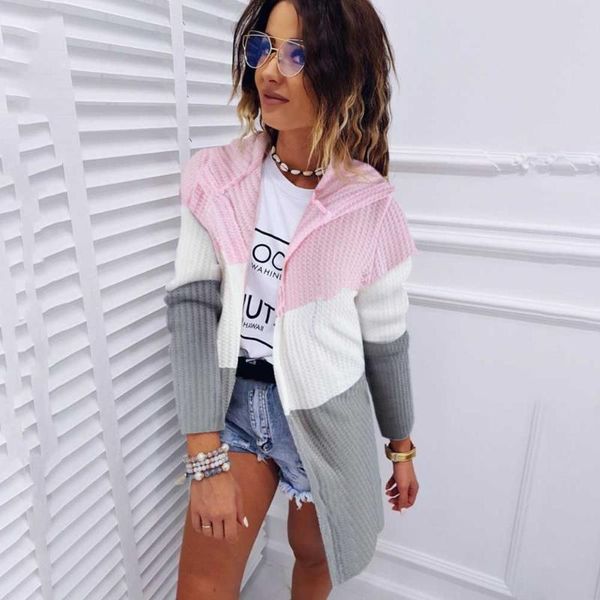 

women's jackets open front slim fit outwear daily ladies colorblock knitted long sleeve hooded fashion patchwork casual women cardigan, Black;brown