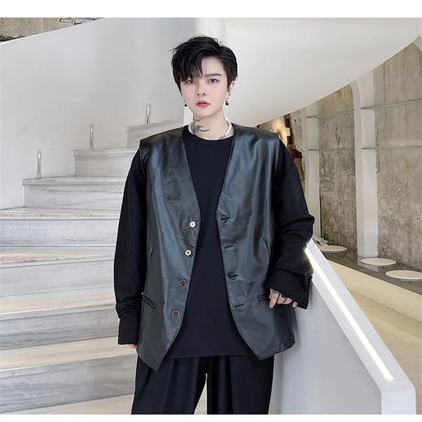 

men's vests retro functional wind work clothes waistcoat fashion brand pu leather street coat hairdresser ruffian handsome outside wit, Black;white