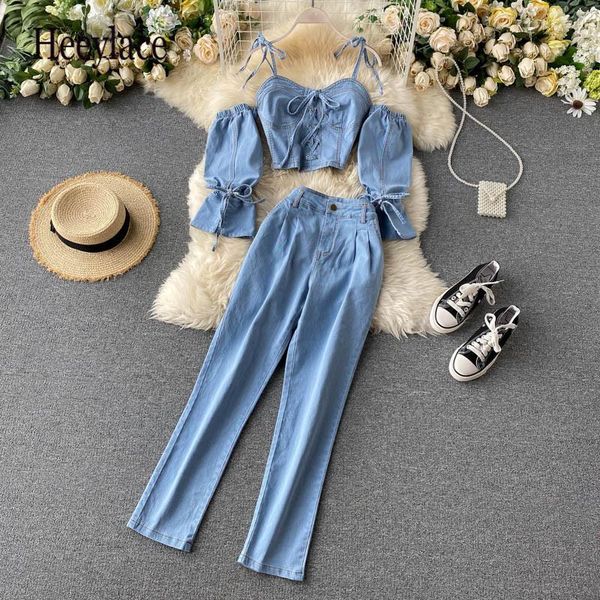 

women's two piece pants 2021 women off shoulder slash neck puff sleeve denim jumper + suit jeans trousers 2pcs sets, White