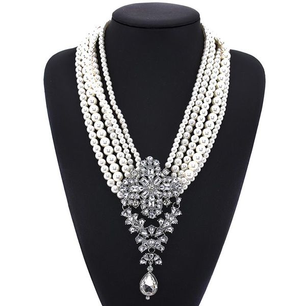 

chains fashion multi layered imitation pearl neckalce for women luxury crystal pendants chain jewelry maxi statement choker, Silver