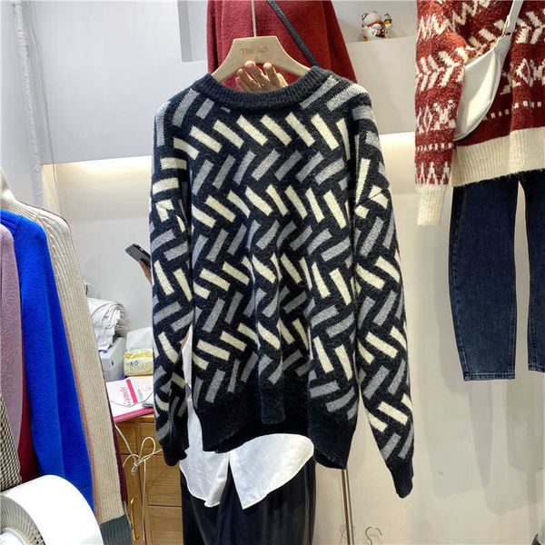 

qooth vintage winter thick women sweater full sleeve pullovers printed warm knitted loose jumper sweaters qt412 210609, White;black