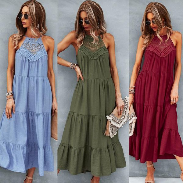 

casual dresses embroidery lace maxi women 2021 loose ruffles halter summer beach dress sleeveless long drop, Black;gray