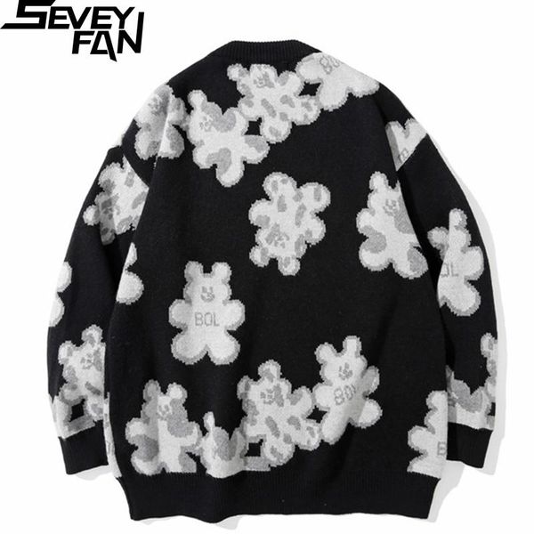 

men's sweaters seveyfan cartoon jacquard sweater bf loose o neck knitwear hip hop pullover for couples, White;black