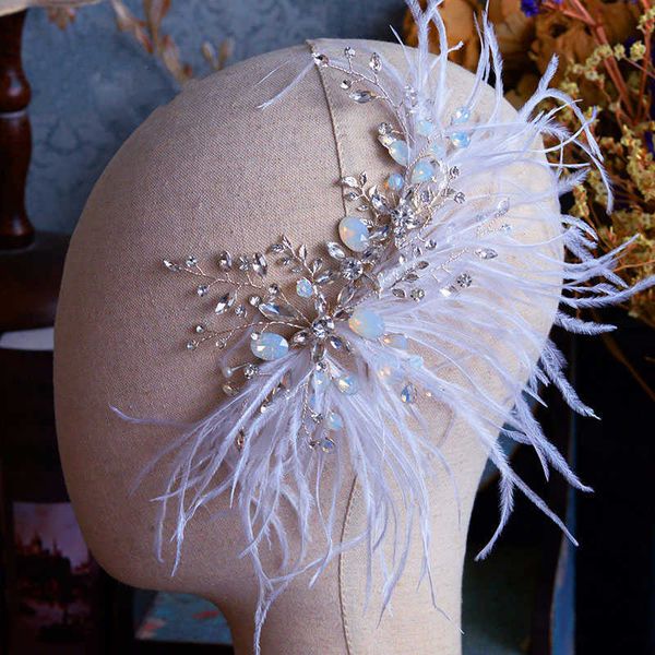 

white feather headband tiara fashion crystal hair clip wedding bridal accessories ornaments for bride party headpiece 210616, Slivery;golden