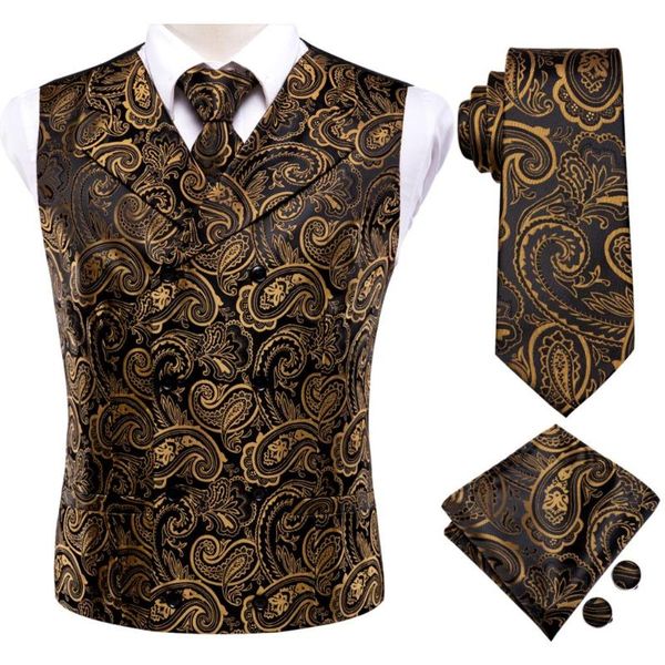

men's vests hi-tie black gold paisley floral silk men slim waistcoat necktie set for suit dress wedding 4pcs vest hanky cufflink, Black;white