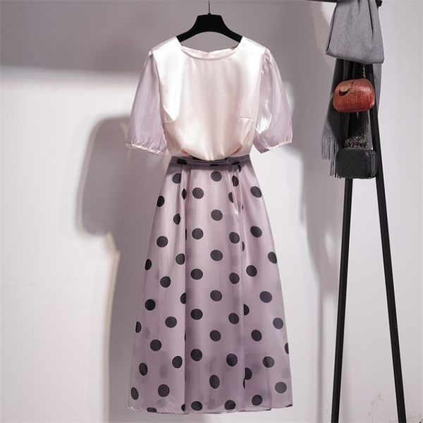 

summer women 2 pieces sets elegant fashion o-neck puff sleeve t-shirt + high waist polka dot pleated skirts suit 210519, White