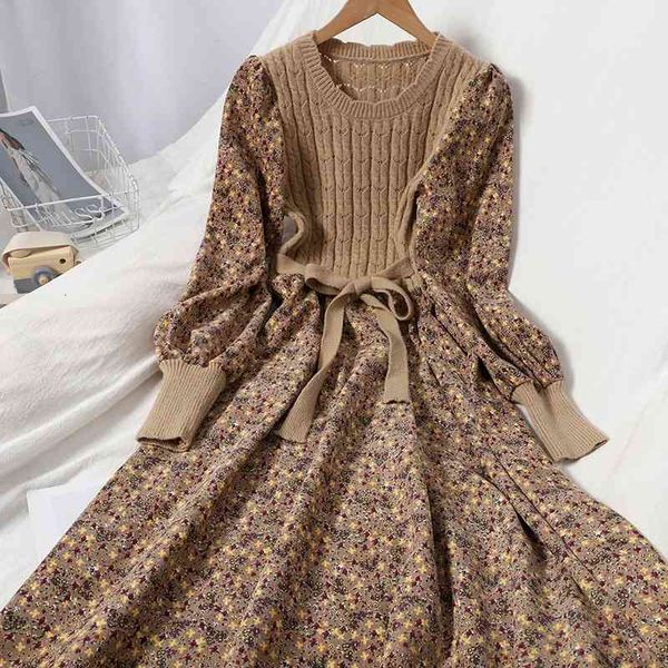 

casual dresses autumn vintage print winter korean splicing bandage slim knitting midi fashion cute corduroy floral female 82q9, Black;gray