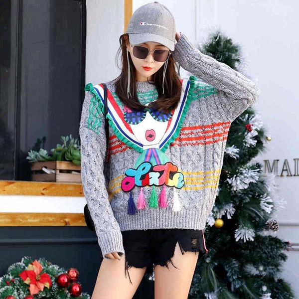 

sweaters thailand tide brand autumn and winter ladies thick patch sequins lazy cartoon pullover loose sweater, White;black