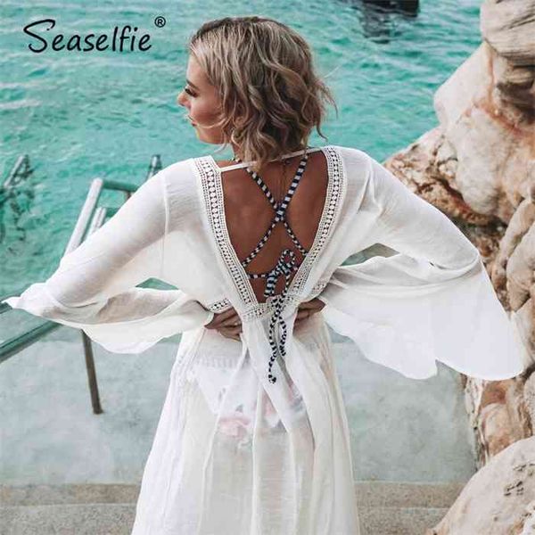 

seaselfie white open back self-tie bikini cover up lace up long maxi dress covers women bathing suit beachwear, White;black