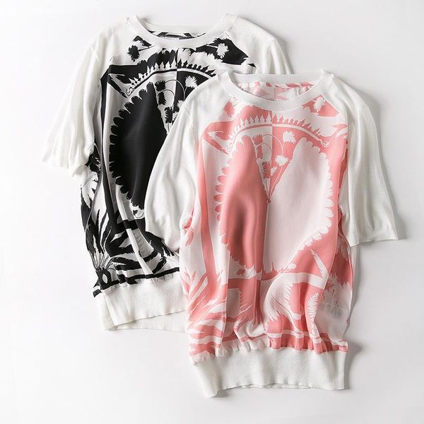 

women's t-shirt women s clothing in europe and the coconut trees printing quality of knitted silk short sleeve t shirt, White