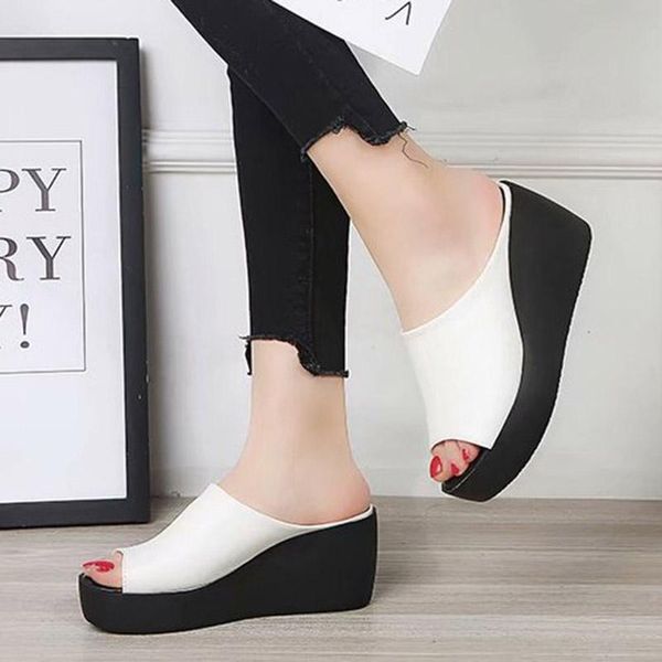 

slippers plus size summer shoes women slipper platform open toe high heels wedges beach slides zapatos mujer n7174l, Black