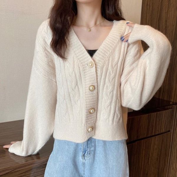 

women's knits & tees [ewq] korea chic casual trend women v-neck single-breasted twist fashion simple long-sleeved knitted cardigan coat, White