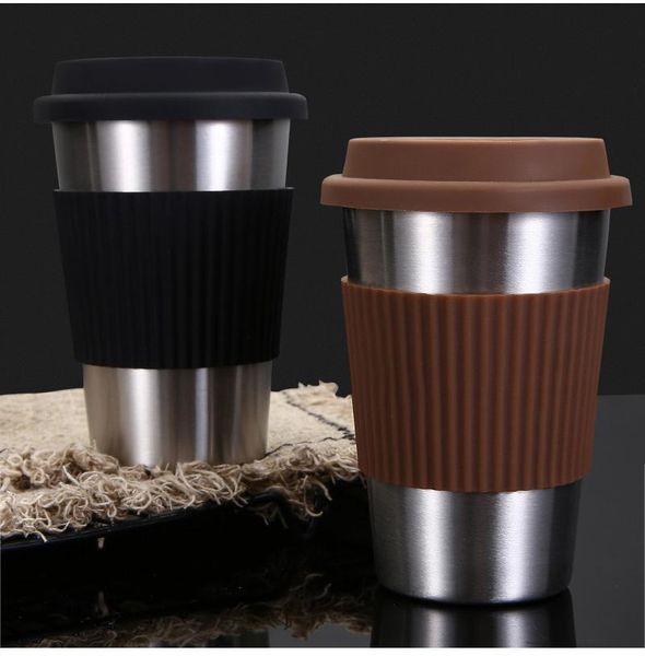 

mugs stainless steel coffee mug with cover silicone insulated anti-scald milk tea office cup cold car easy home drinkware