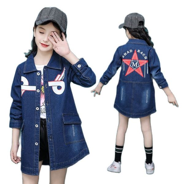 

spring & autumn denim jacket for girl 2021 korean version fashion mid-length cowboy windbreaker casual slim childrens clothing, Blue;gray