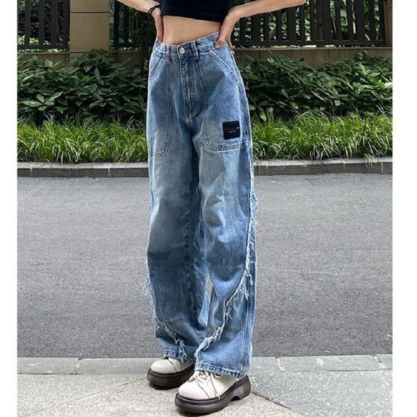 

women's jeans woman vintage streetwear fashion harajuku straight pants high waist clothes wide leg denim clothing blue casual