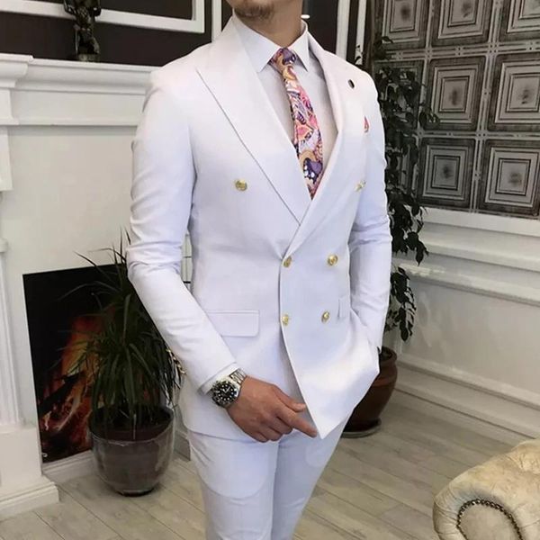 

men's suits & blazers double breasted white men suit gold buttons slim fit 2 piece wedding groom tuxedo fashion prom business costume j, White;black