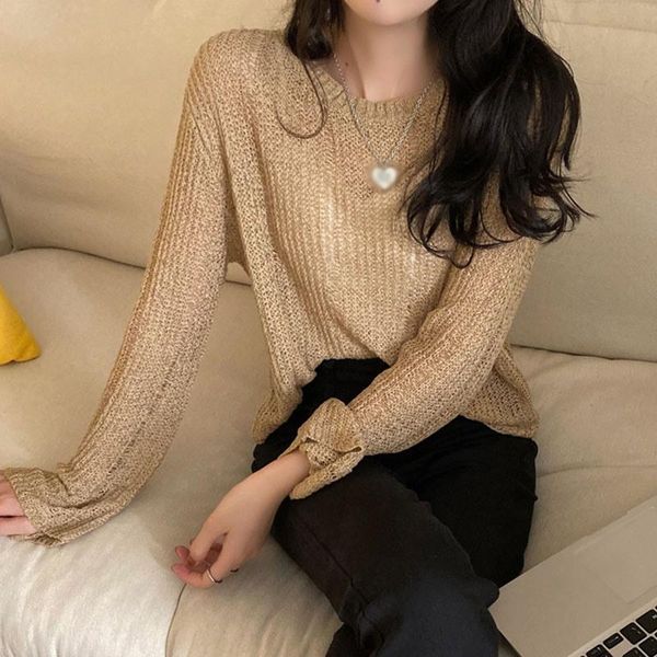 

women's sweaters long sleeve sweater ice silk hollow knitted lazy loose outer wear thin pullover 2021, White;black