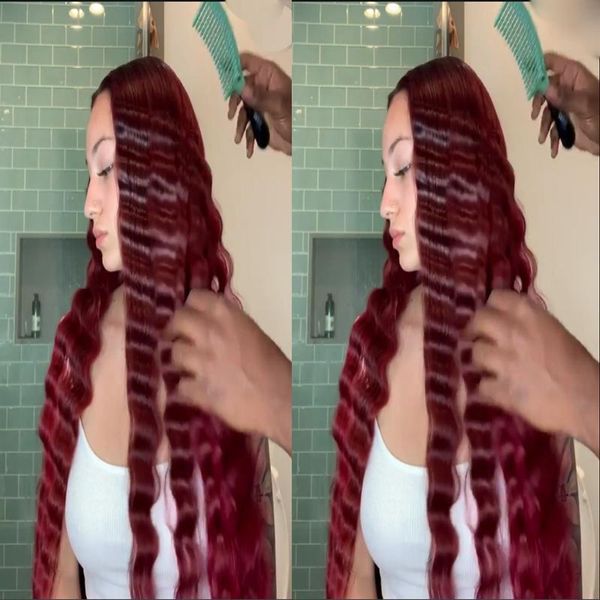 

synthetic wigs deep wave hair wine red for women t-part natural hairline burgundy middle part lace front, Black