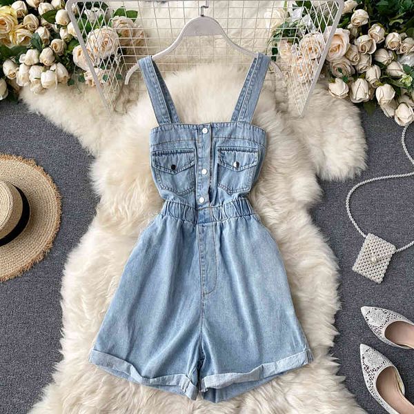 

summer women vintage denim jumpsuits streetwear chic button playsuit blue wide leg pants suspender rompers autumn 210513, Black;white